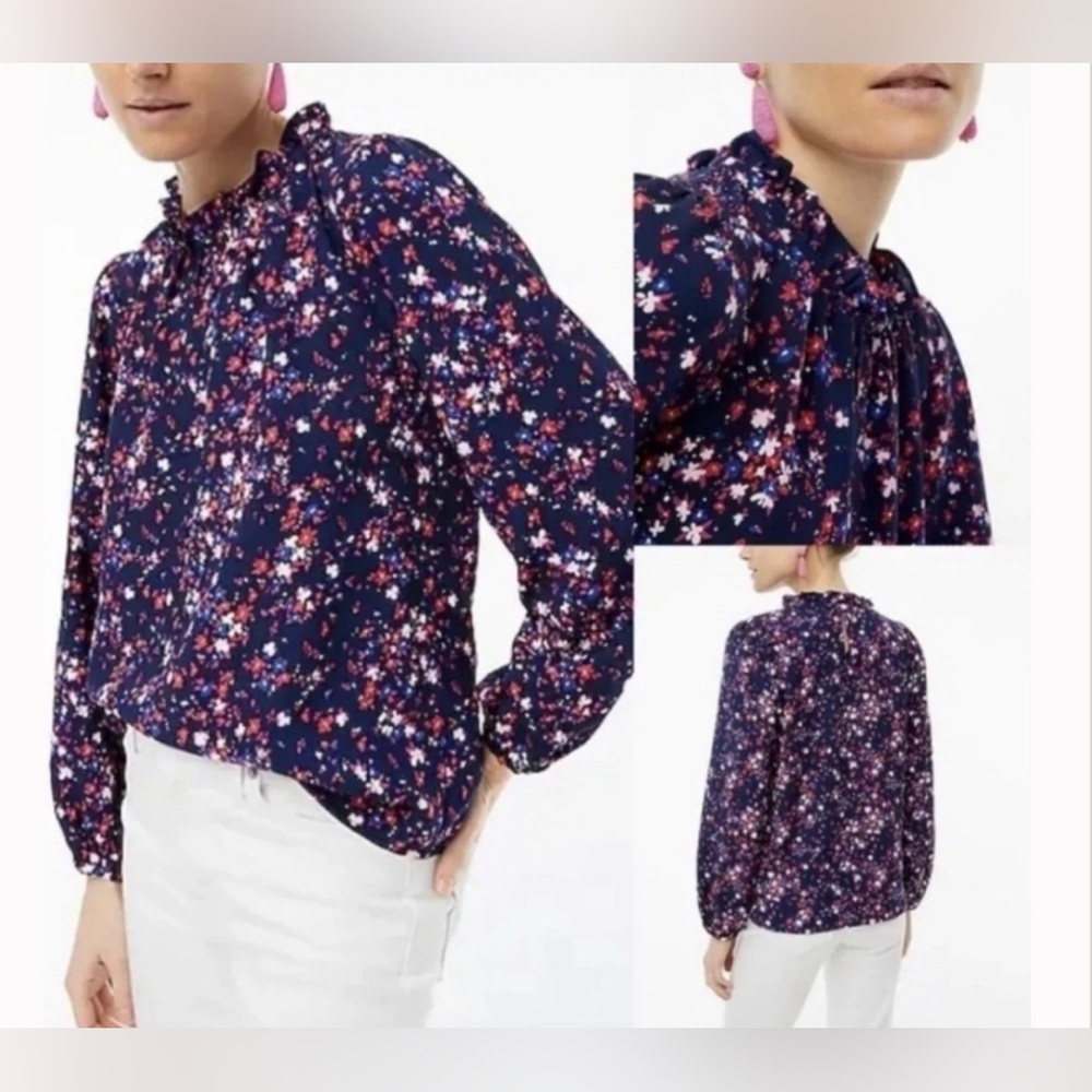 J. Crew Ruffle Neck Dark Floral Top Navy S